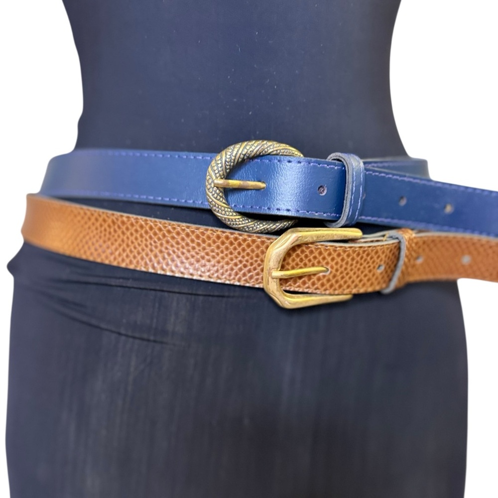 Vintage Blue and Brown Leather Belts with Gold Buckles - Picture 4 of 10